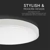 A close-up of a white circular ceiling light with text describing its stylish and modern design. Náhled obrázku produktu