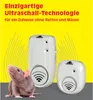 A rat is shown next to two ultrasonic pest repellers against a yellow background with wavy lines. Produktbild-Vorschau