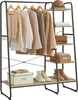 A clothing rack with clothes hanging on it and shelves with accessories and shoes. Produktbild-Vorschau