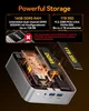 A cutaway view of a mini computer showing internal components like RAM and SSDs, with text overlays describing features. Produktbild-Vorschau