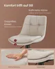 A close-up marketing image of a beige bar stool, highlighting its features with text overlays and inset images. Produktbild-Vorschau