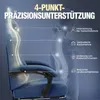 A blue gaming chair is shown with a superimposed anatomical diagram of the human spine and text highlighting its ergonomic features. Produktbild-Vorschau