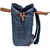 A side view of a blue backpack with brown leather accents. Voir les images du produit