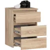 A wooden nightstand with three drawers, a camera, and a bowl on top. Podgląd zdjęcia produktu