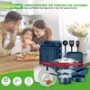 A family is happily eating pizza in a kitchen, with a set of cookware displayed prominently in the foreground. Produktbild-Vorschau