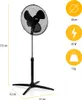 A product shot of a black stand fan with dimensions and feature icons on a white background. Voir les images du produit
