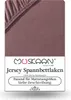 A close-up of a brown jersey fitted sheet with text overlay. Produktbild-Vorschau