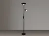 A black floor lamp with a reading light, set against a plain gray background. Produktbild-Vorschau