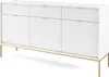 A white sideboard with gold legs and handles, shown from a slight angle against a white background.