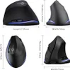 Four different views of a black vertical mouse with blue LED accents, with dimensions indicated. Produktbild-Vorschau