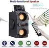 A multi-functional speaker with a smartphone placed on top, a remote control in hand, and various icons representing features at the bottom. Podgląd zdjęcia produktu