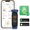 A smartphone displaying a fitness app interface next to a blue fitness tracker, with app store download buttons and a green marketing graphic. Produktbild-Vorschau