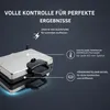 A close-up view of a silver and black electric contact grill with descriptive text overlays highlighting its features. Produktbild-Vorschau