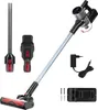 A cordless stick vacuum cleaner and its accessories are displayed against a white background. Produktbild-Vorschau