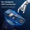 A close-up of a vacuum cleaner's LED touchscreen display with a robotic hand in the background. Produktbild-Vorschau