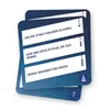 Several cards from a game are stacked on a white and gray background. The cards have blue borders and white sections with text and small icons. Produktbild-Vorschau