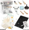 A collection of children's play kitchen items, including a coffee maker, cooking utensils, an apron, and a drawing tablet. Podgląd zdjęcia produktu