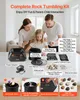 A family is shown interacting with a rock tumbling kit on a table, with various components of the kit laid out around them. Below the main image, there are four numbered steps illustrating the process of using the kit. Náhled obrázku produktu