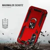 A red phone case with a ring holder is shown in a dynamic, action-oriented scene, with debris flying around it, suggesting durability and protection. Produktbild-Vorschau