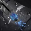A close-up shot of a black handheld vacuum cleaner with a transparent dustbin, demonstrating its suction power with blue light effects, set against a dark, textured background with water droplets. Náhled obrázku produktu
