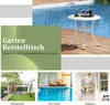 A collage of images showing a white round table by a pool, a backyard, and a balcony. Podgląd zdjęcia produktu