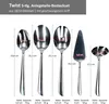 A set of five stainless steel serving utensils with dimensions and weights labeled. Produktbild-Vorschau