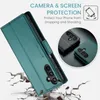 A teal flip phone case is shown in the foreground, with a cracked ground effect at the bottom. In the background, two smaller circular insets show black and green phone cases. Produktbild-Vorschau