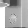 A close-up view of a silver outdoor wall lamp with a motion sensor. Produktbild-Vorschau