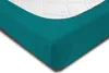 A close-up view of a teal-colored fitted sheet on a white mattress. Produktbild-Vorschau