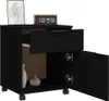 A black mobile filing cabinet with one drawer open and one door open, showing the interior. Decorative items are on top of the cabinet. Náhled obrázku produktu