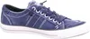A side view of a blue canvas sneaker with white stitching and laces. Voir les images du produit
