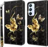 A black flip phone case with gold butterfly designs and a wrist strap, shown open and closed. Produktbild-Vorschau