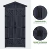 A dark gray wooden garden shed with double doors, shown with close-up insets highlighting the handles and lock mechanism. Produktbild-Vorschau