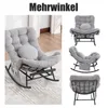 A collage of images showing a gray corduroy rocking chair from different angles, with a large text overlay at the top. Produktbild-Vorschau