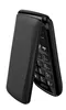A black flip phone is shown from a slightly angled side view, with the flip open to reveal the keypad. Produktbild-Vorschau