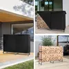 A collage of three images showing a black firewood rack with a cover and without, and a fully loaded firewood rack. Podgląd zdjęcia produktu