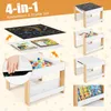 A collage of images showcasing a 4-in-1 children's activity table set with various configurations and accessories. Produktbild-Vorschau