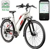 A white electric bicycle with red accents is shown against a white background. A smartphone displaying a map and app interface is positioned to the right of the bicycle. Produktbild-Vorschau