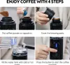A collage of four images showing the steps to use a portable coffee machine. Podgląd zdjęcia produktu