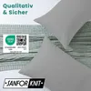 Two grey pillows are shown on a textured green blanket. There are several marketing labels and text overlays on the image. Produktbild-Vorschau