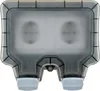 A close-up, front-facing studio shot of a gray, two-outlet outdoor electrical socket with protective caps on the bottom. Anteprima dell’immagine prodotto
