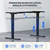An illustration of an adjustable standing desk frame with height indicators and feature callouts. Podgląd zdjęcia produktu