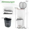 A diagram showing the dimensions of a multi-compartment trash can with a pedal and wheels. Anteprima dell’immagine prodotto