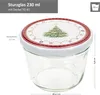 A clear product shot of a glass jar with a decorative lid, showing dimensions and capacity. Produktbild-Vorschau