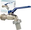 A product shot of a brass tap with a blue handle and a grey hose connector, with its packaging in the background. Produktbild-Vorschau