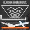 A modern geometric LED ceiling light fixture with detailed close-ups of its heat dissipation and flame-retardant features. Podgląd zdjęcia produktu