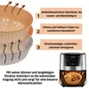 An infographic illustrating the features of air fryer parchment paper liners, with a product shot of an air fryer at the bottom right. Produktbild-Vorschau