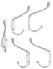 A collage of five white coat hooks arranged on a white background. One hook is elongated and oval-shaped, while the other four are curved J-shaped hooks, with two arranged above and two below. Produktbild-Vorschau