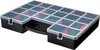 A black organizer box with multiple transparent compartments, some containing red items. Voir les images du produit