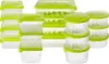A collection of clear plastic food storage containers with green lids, arranged in groups. Náhľad obrázku produktu